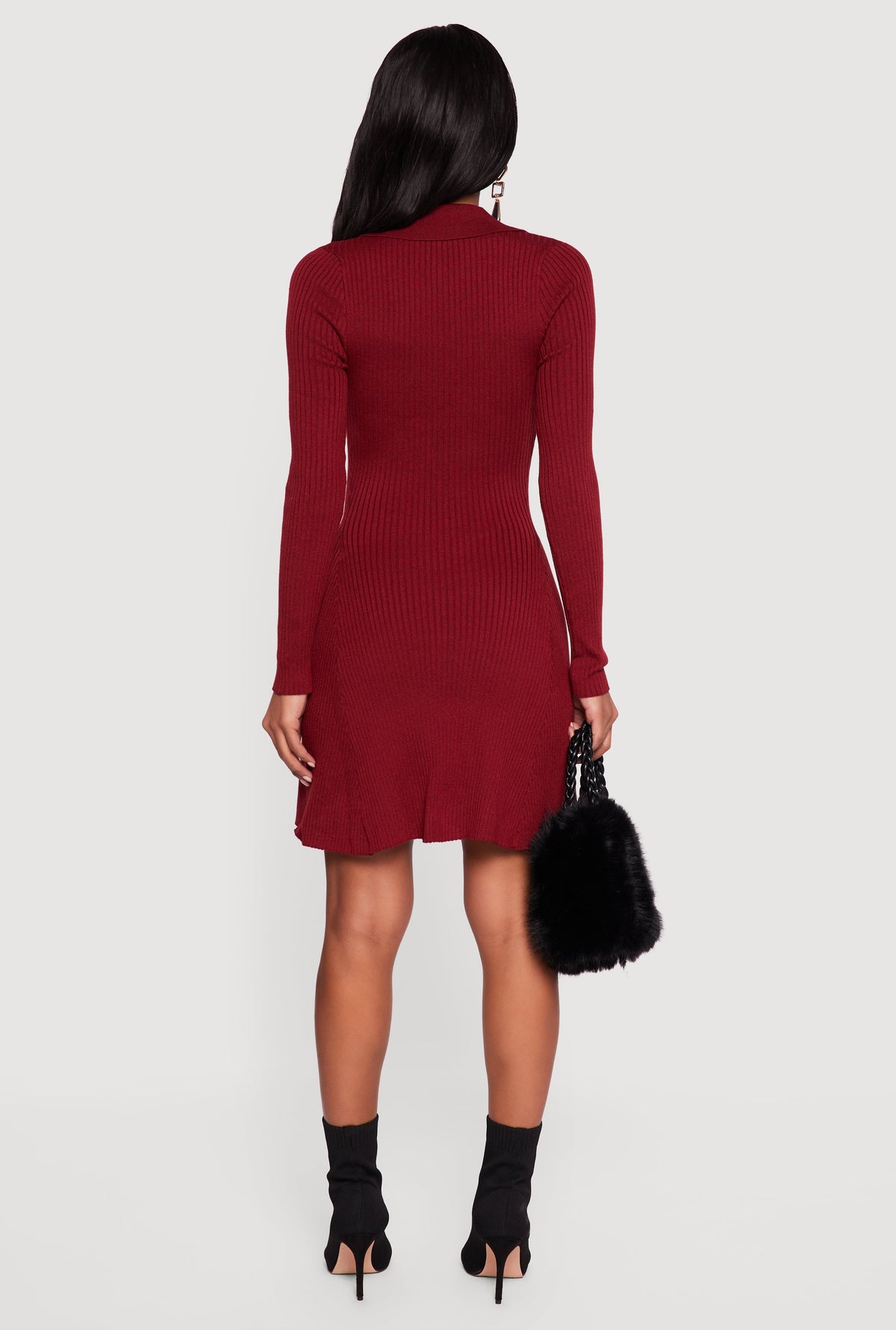 Rib Knit Long Sleeve Polo Sweater Dress