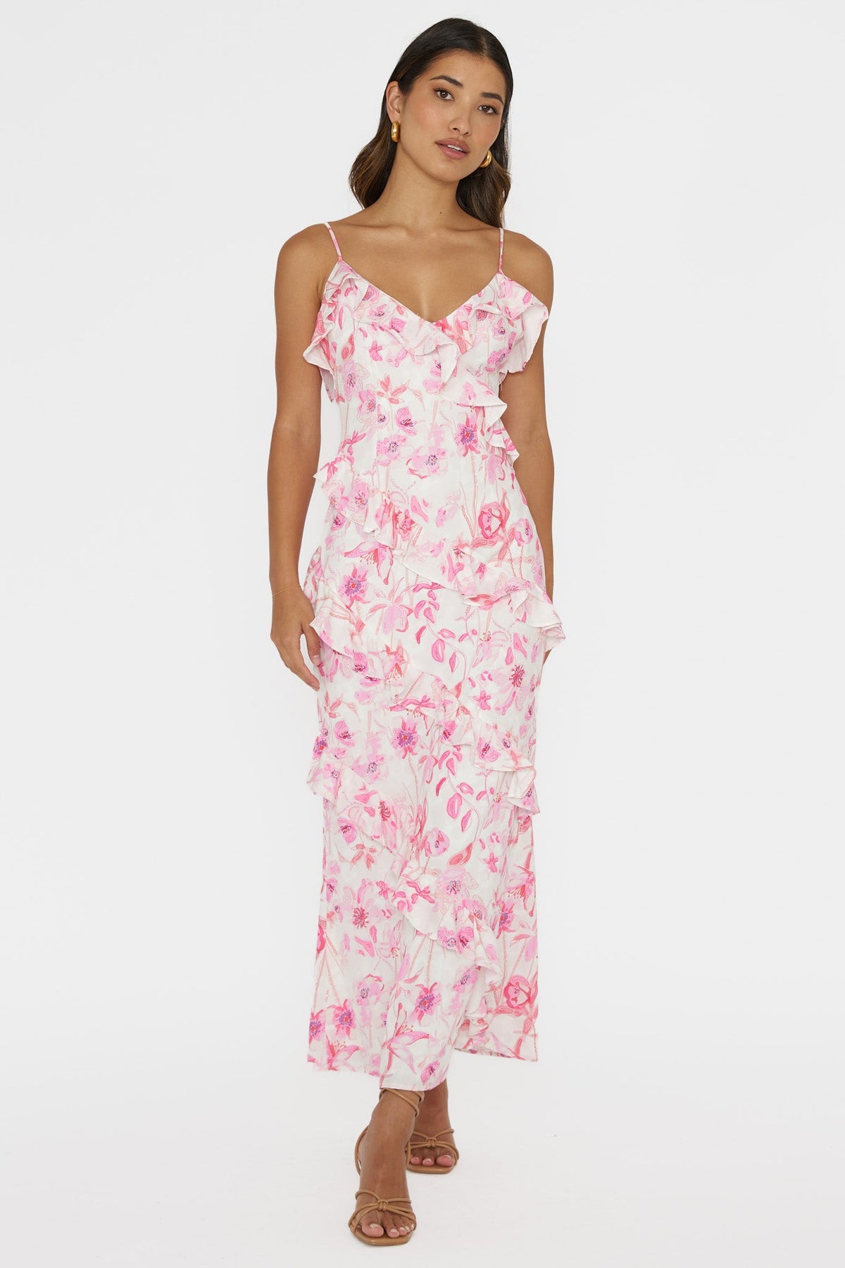 Silvana Frill Trim Midi Dress Floral Pink