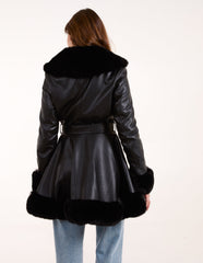 PU Faux Fur Trimmed Belted Coat