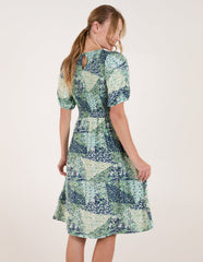 Shirred Bust Puff Sleeve Patchwork Mini Dress