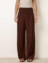 Shirred Waist Pleated Wide Leg Trousers
