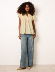 Cotton Embroidery Detail Ruffle Sleeve Top