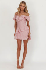 Sinclair Off-Shoulder Ruffle Trim Mini Dress Blush