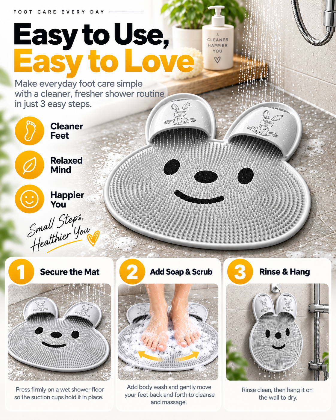 Non-Slip Bunny Shower Foot Scrubber – Soft Bristle Foot Cleaning & Massage Mat
