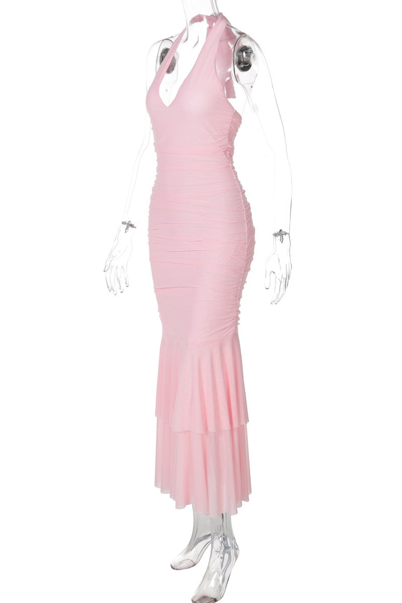 Halter Plunge Pink Fitted Ruffle Dress