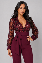 Eve Wine Red Sequin Jumpsuit