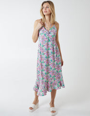 Twist Front Floral Print Midi Dress