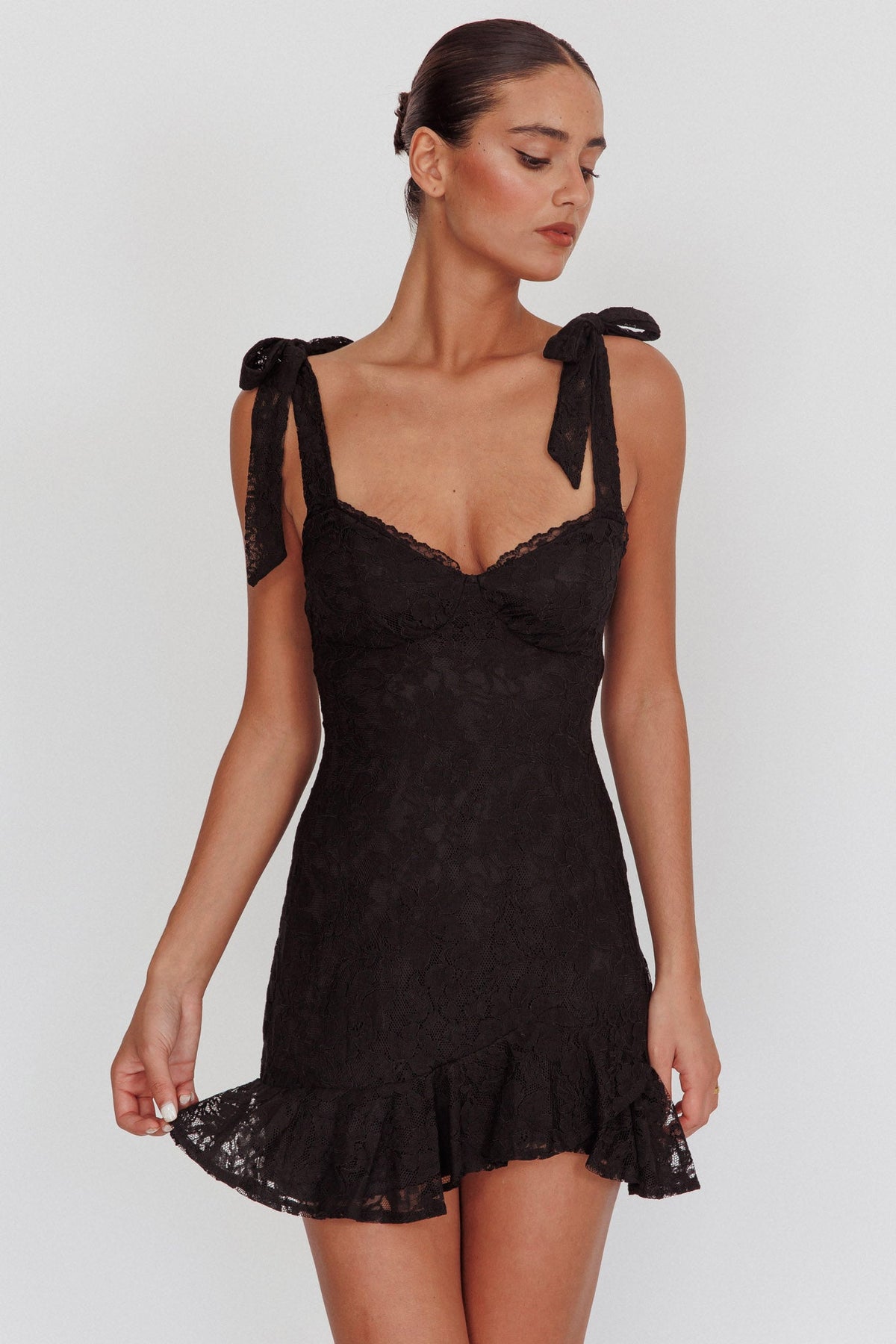 Emine Bow Shoulder Lace Mini Dress Black