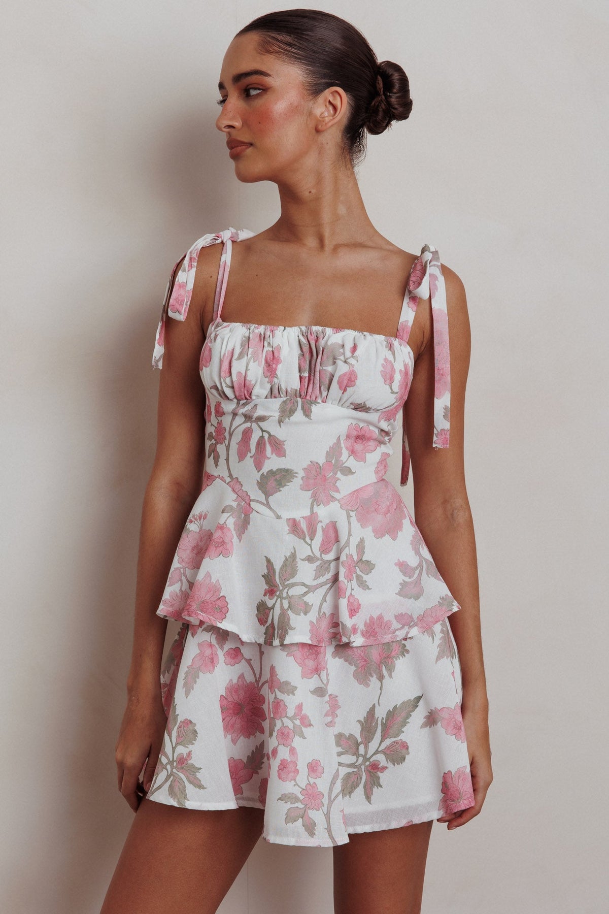 Provence Bloom Peplum Mini Dress Floral Pink