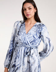 Watercolour Wrap Front Belted Midi Dress