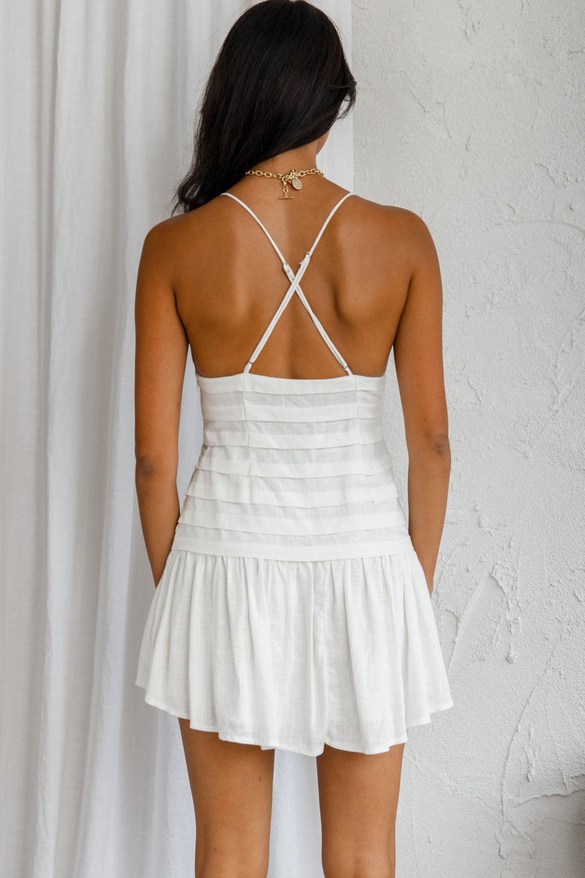 Clear Skies Pintuck Pleat Wide Ruffle Hem Mini Dress Sky White