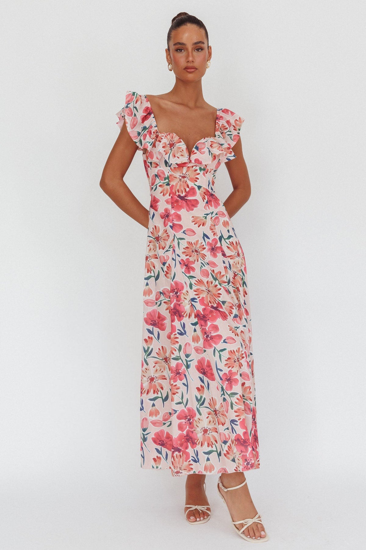 Palms Ruffle Sleeve Tied Back Maxi Dress Floral Pink