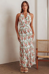 Love Bomb Pintuck Pleat Halterneck Maxi Dress Floral Pink
