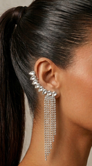 Shiny Silver Rhinestone Long Fringe Drop Earrings