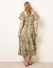 Abstract Print Puff Sleeve Midi Dress
