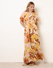 Tropical V Front Shirred Waist Maxi Dress