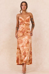 Whispering Garden Flocked Mesh Maxi Dress - Orange