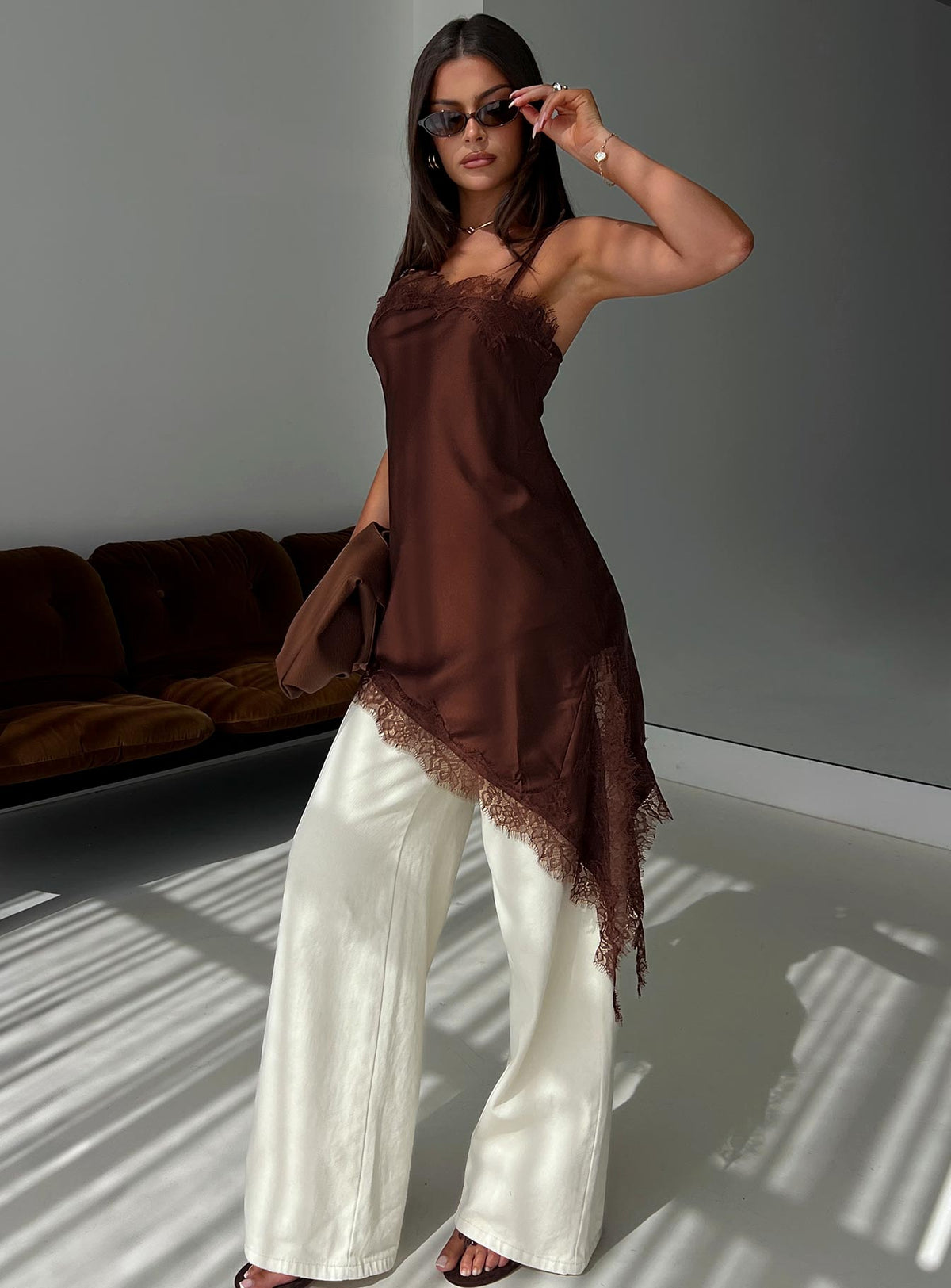 Malakhai Lace Asymmetrical Mini Dress Chocolate