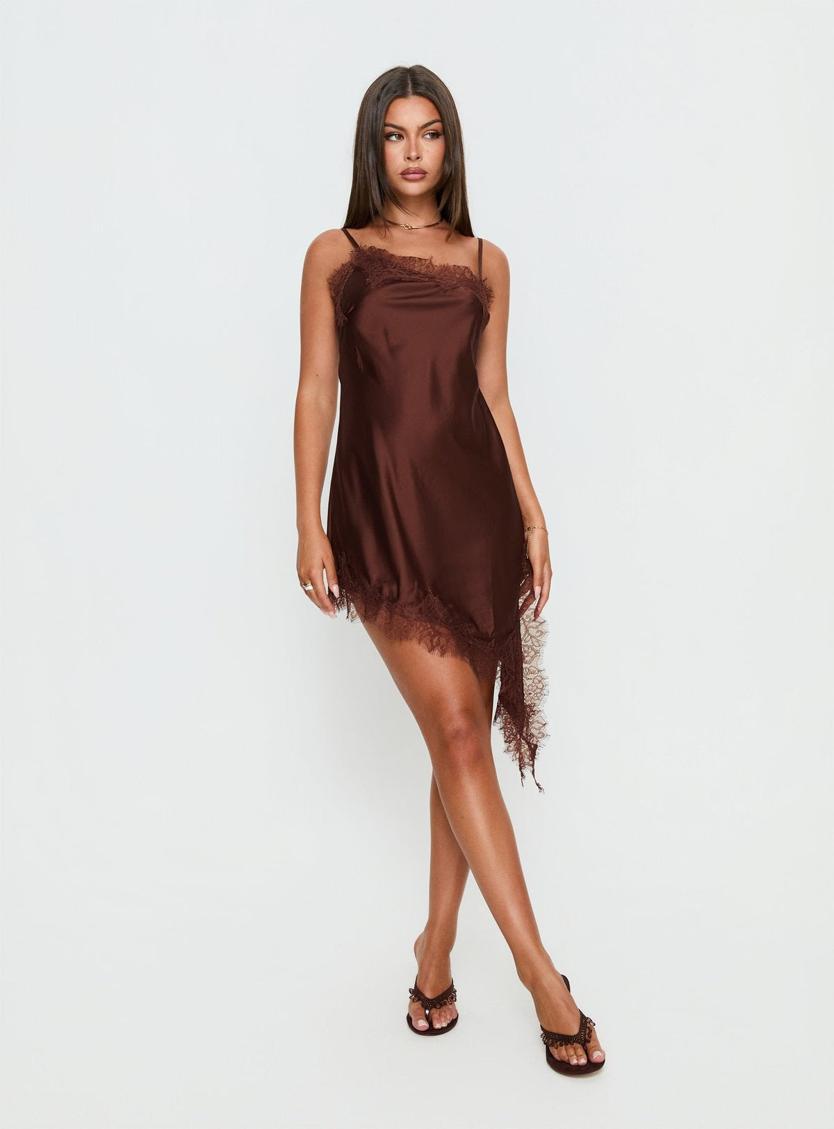 Malakhai Lace Asymmetrical Mini Dress Chocolate