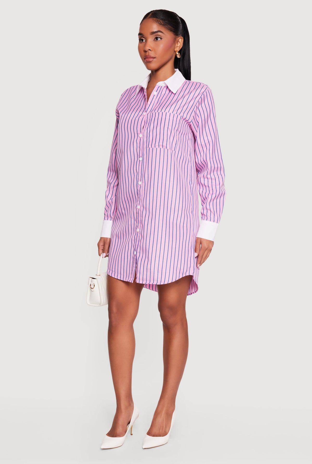 Striped Poplin Button Front Mini Shirt Dress