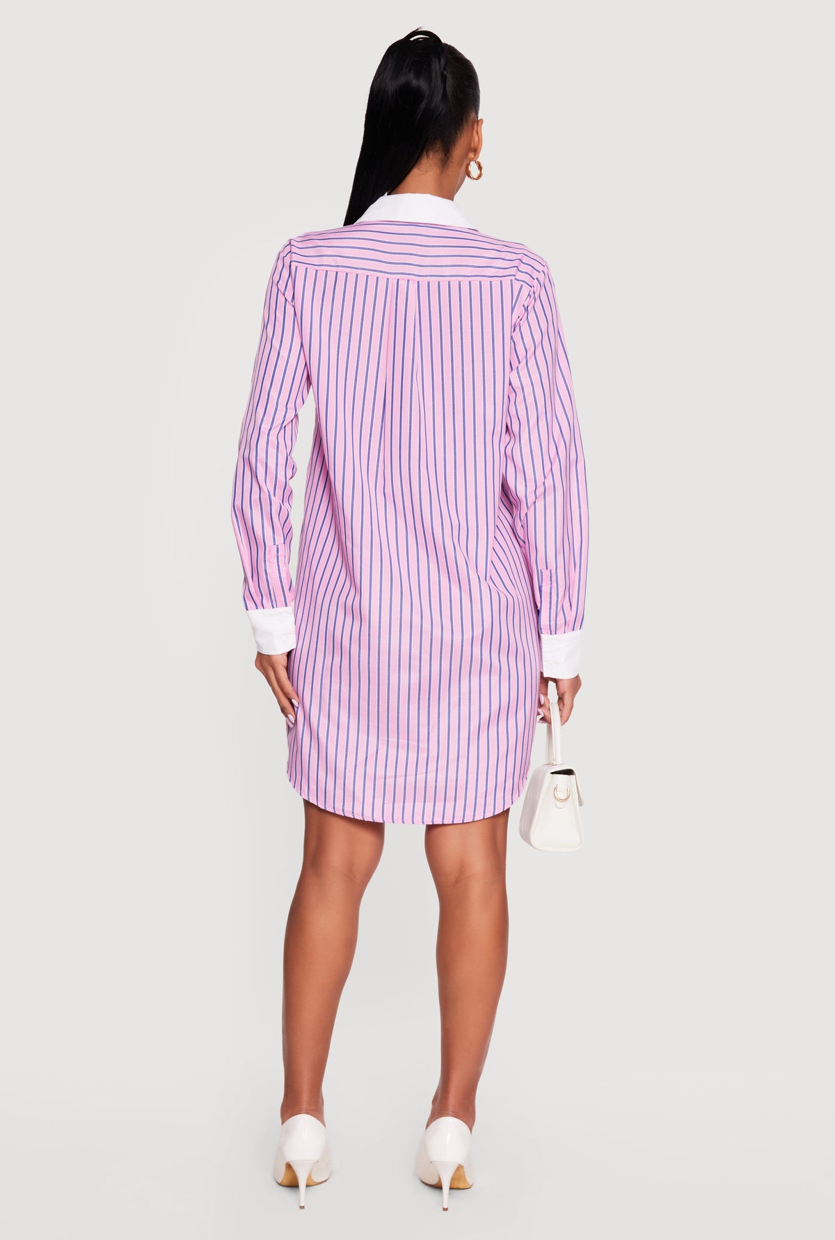 Striped Poplin Button Front Mini Shirt Dress