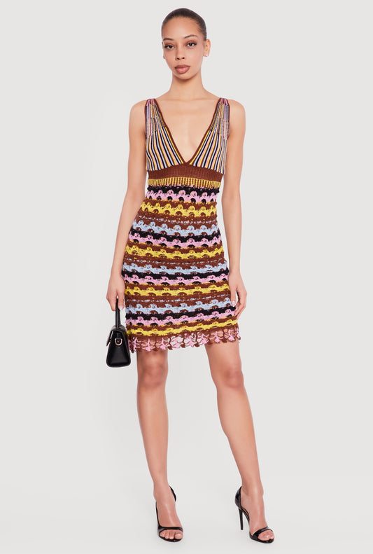 Striped Plunge Mini Crochet Dress