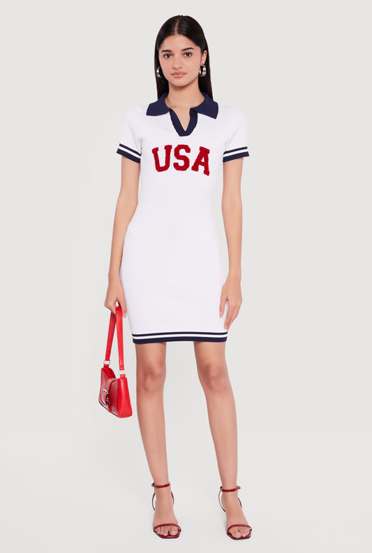 USA Graphic Short Sleeve Polo Sweater Dress