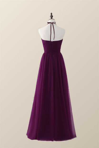 Halter Purple Tulle Long Bridesmaid Dress