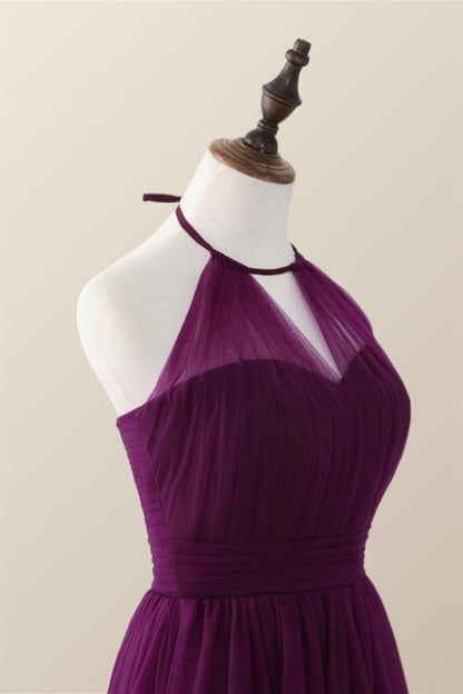 Halter Purple Tulle Long Bridesmaid Dress