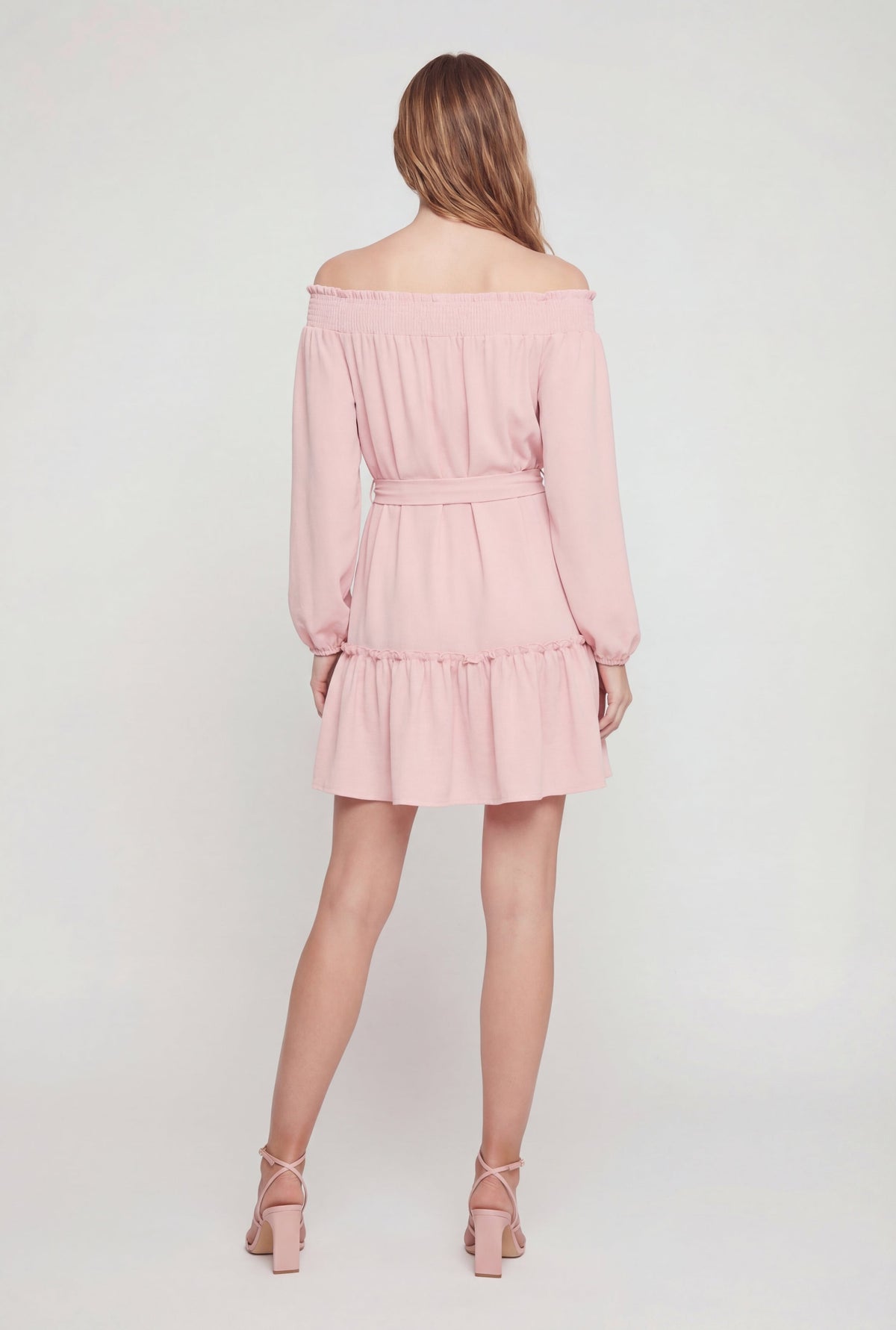 Crepe Knit Long Sleeve Tiered Off The Shoulder Dress