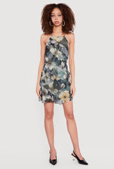 Floral Mesh Ruffle Trim Halter Mini Dress