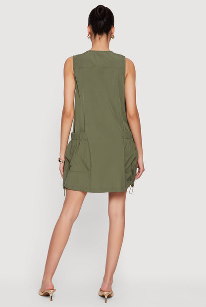 Half Zip Front Drawstring Hem Cargo Dress
