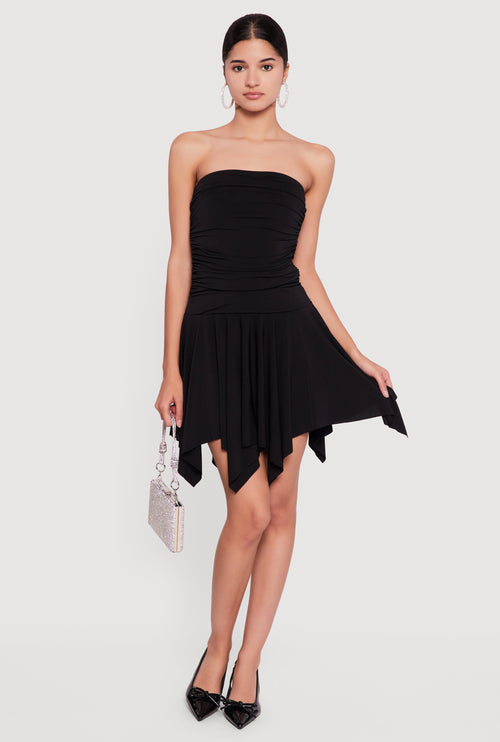 Strapless Ruched Dress with Handkerchief Hem