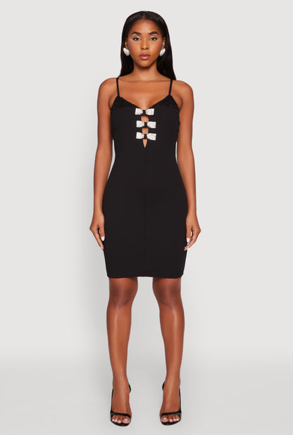 Sleeveless Crepe Knit Mini Dress with Rhinestone Bows