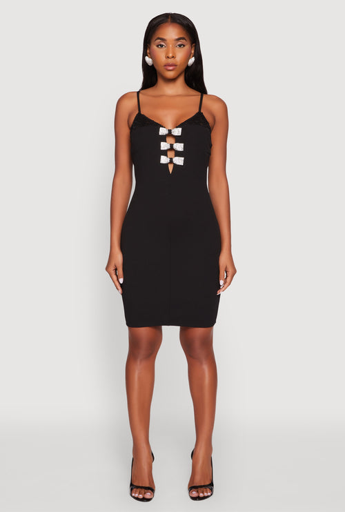 Sleeveless Crepe Knit Mini Dress with Rhinestone Bows