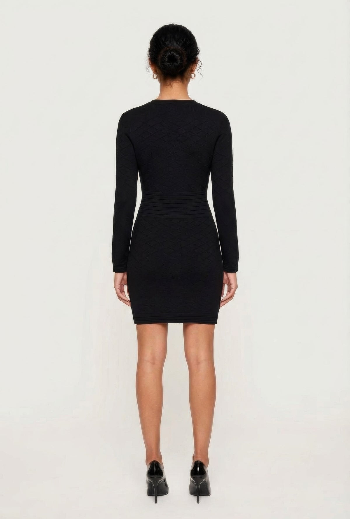 Textured Knit Button Detail Long Sleeve Sweater Dress