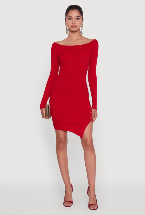 Metallic Button Detail Side Slit Boat Neck Sweater Dress