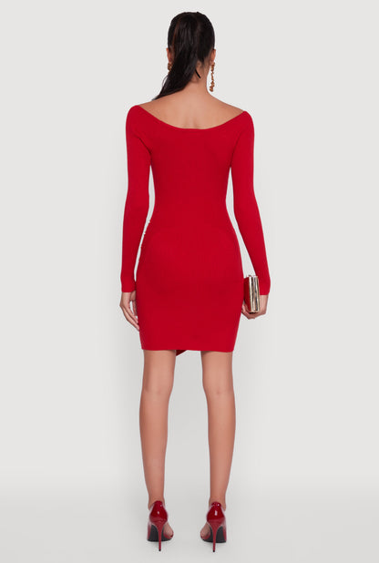 Metallic Button Detail Side Slit Boat Neck Sweater Dress