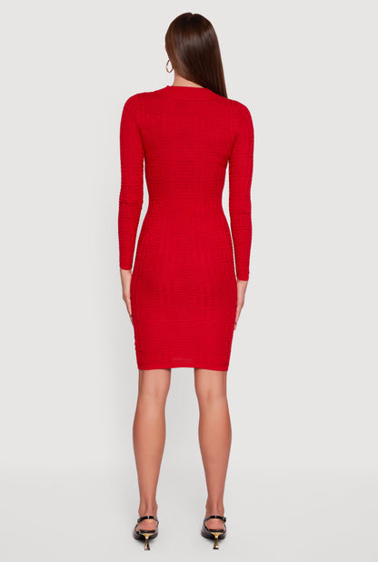 Long Sleeve Sweater Dress with Greek Key Pattern