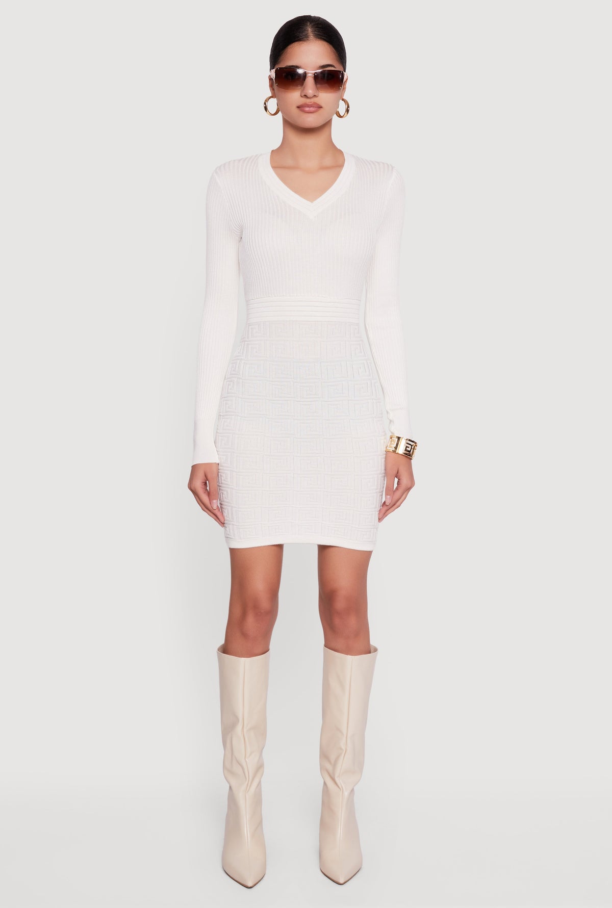 Greek Key Rib Knit Long Sleeve V-Neck Sweater Dress