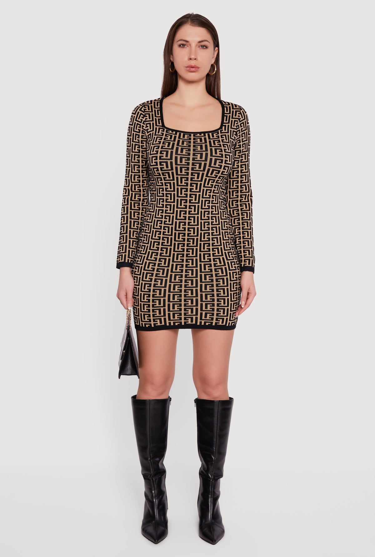 Printed Pattern Long Sleeve Square Neck Sweater Dress