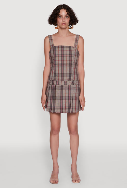 Plaid Square Neck Sleeveless Pleated Hem Dress