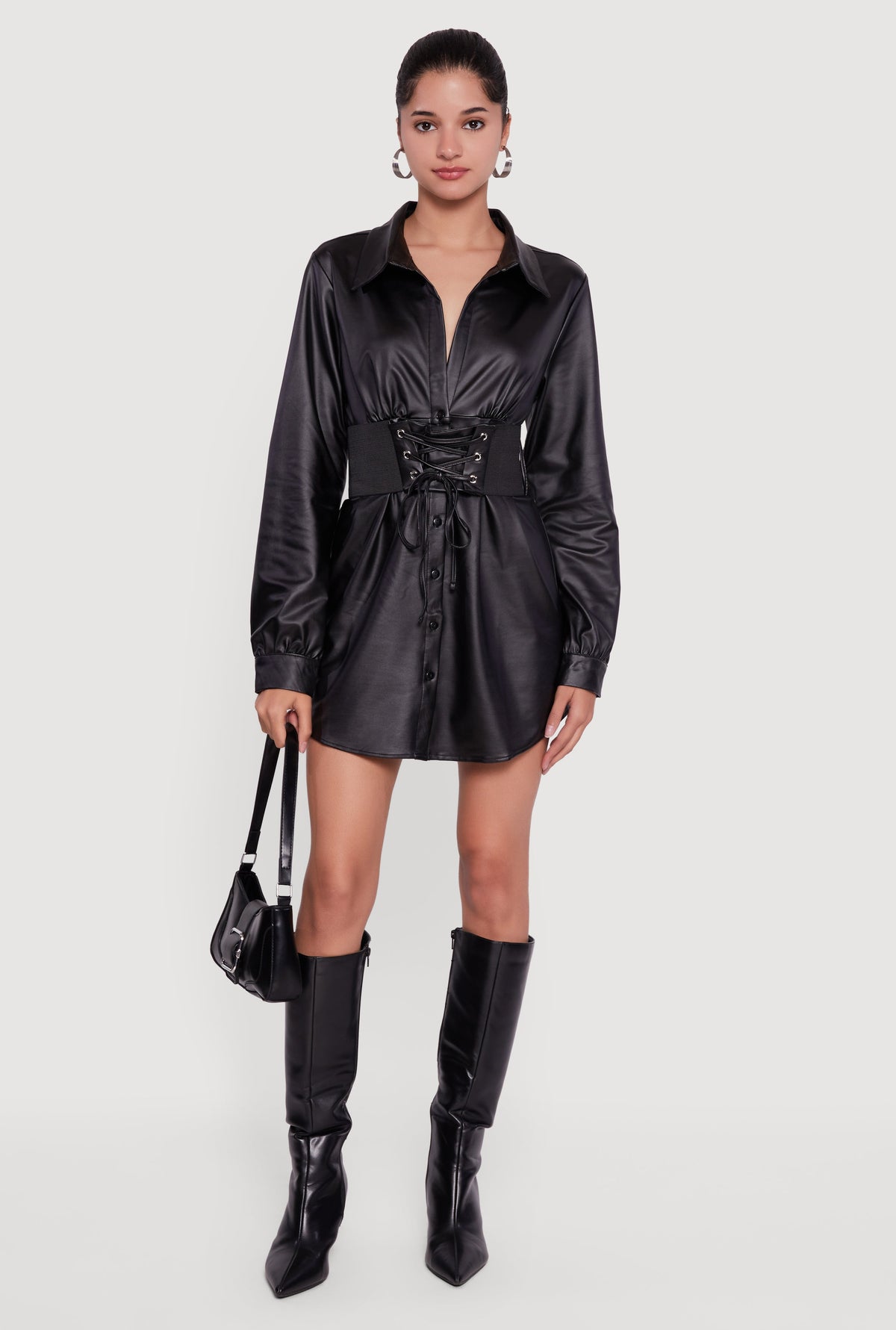 Leather Look Belted Mini Dress