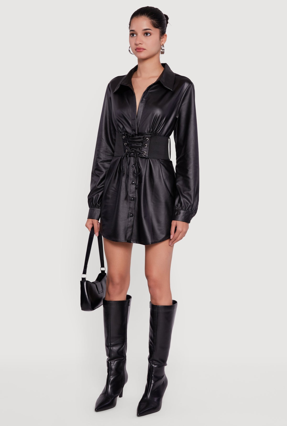 Leather Look Belted Mini Dress