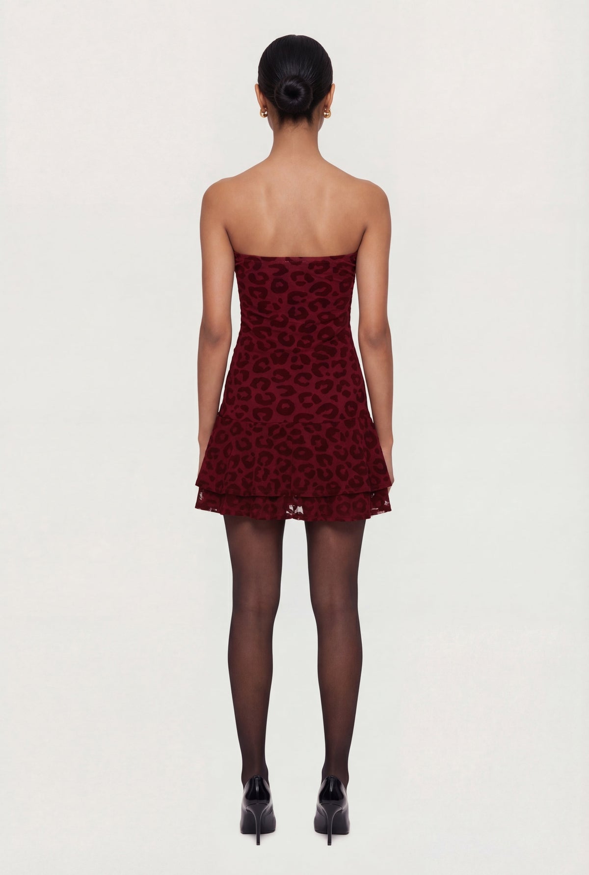 Leopard Velvet Burnout Strapless Tiered Mini Dress