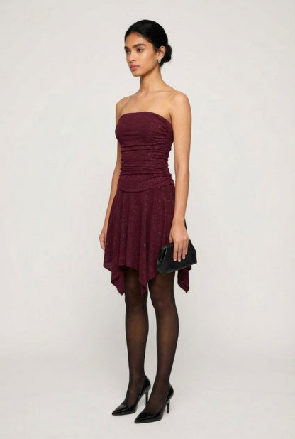 Strapless Side Ruched Handkerchief Hem Dress