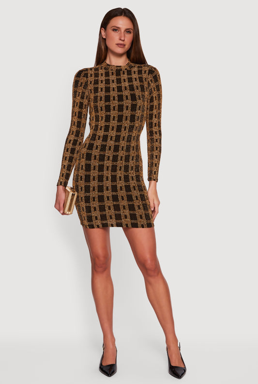 Geometric Lurex Long Sleeve Open Tie Back Mini Dress