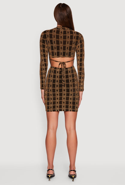 Geometric Lurex Long Sleeve Open Tie Back Mini Dress