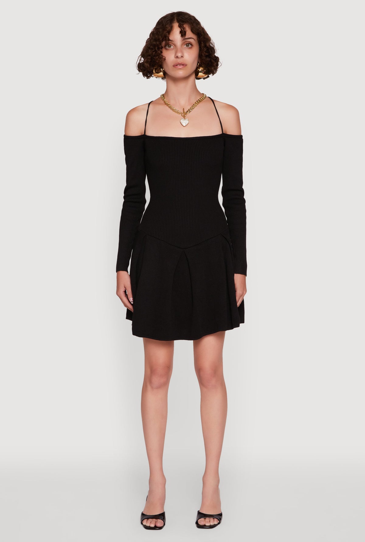 Ribbed Knit Lace Up Back Pleated Skater Dress