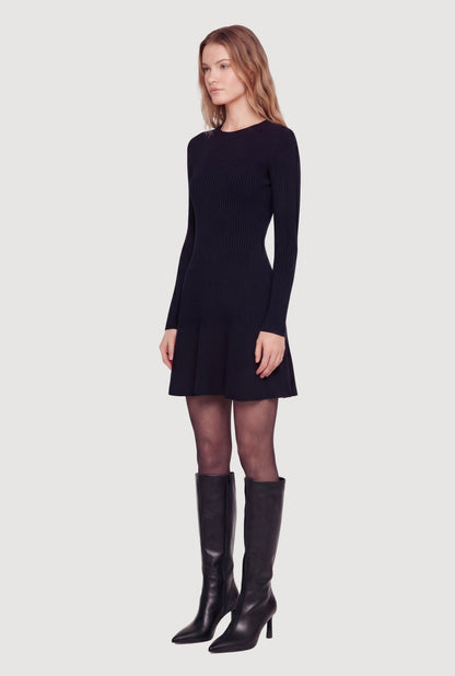 Rib Knit Long Sleeve Crew Neck Mini Sweater Dress